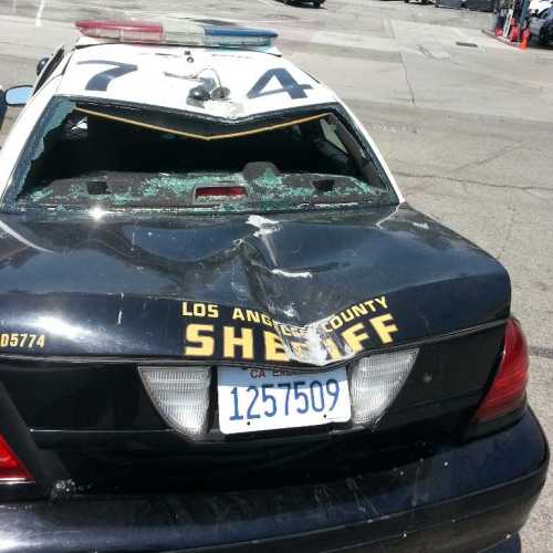 reat view of LA County Sheriff crashed patrol car